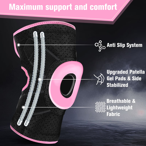 HLTHZONE Adjustable Knee Brace with Side Stabilizers, Compression Knee Support for Meniscus Tear, Arthritis, ACL LCL Injury & Knee Pain Relief for Men & Women, Size L(Black/Pink)
