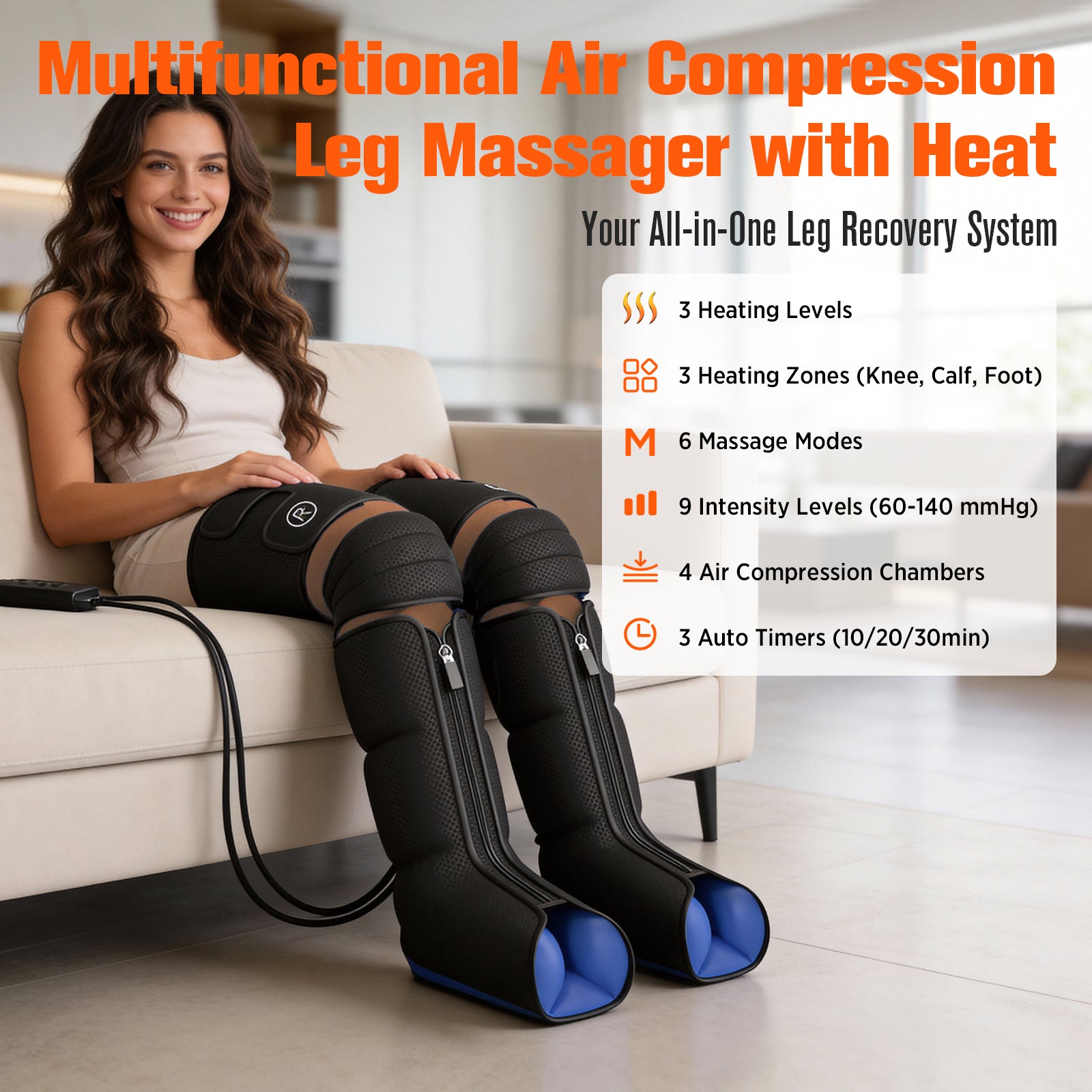 HLTHZONE Leg Massager with Heat & Compression for Circulation & Pain Relief, Gifts for Mom Dad Men Women, Full Leg & Foot for Swelling, 6 Modes 9 Intensities 3 Heat, Easy Use LCD Display