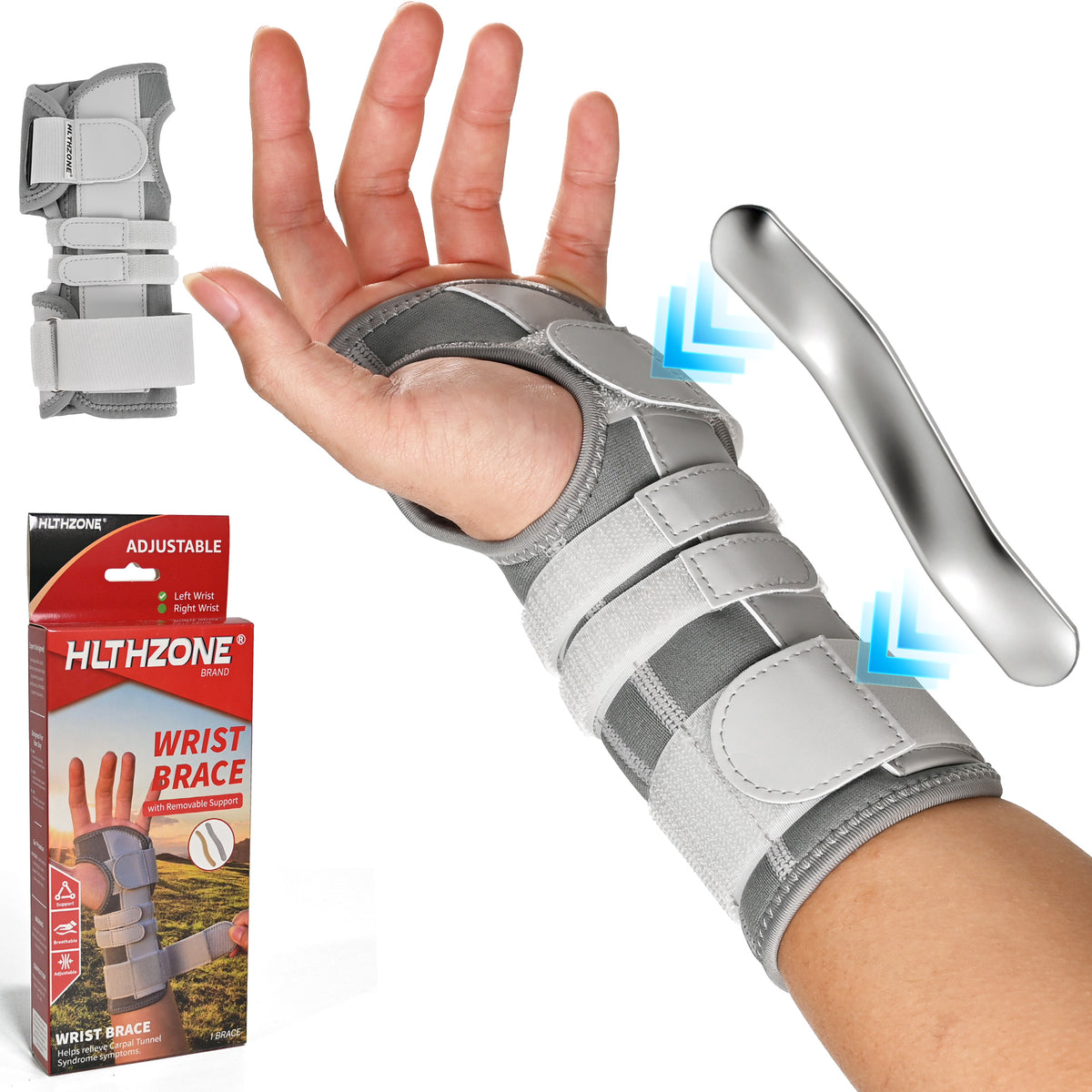 HLTHZONE Carpal Tunnel Wrist Stabilizer, Left Wrist, Adjustable Wrist Brace for Tendonitis & Arthritis, Firm Stability, All Day Wear - Gray