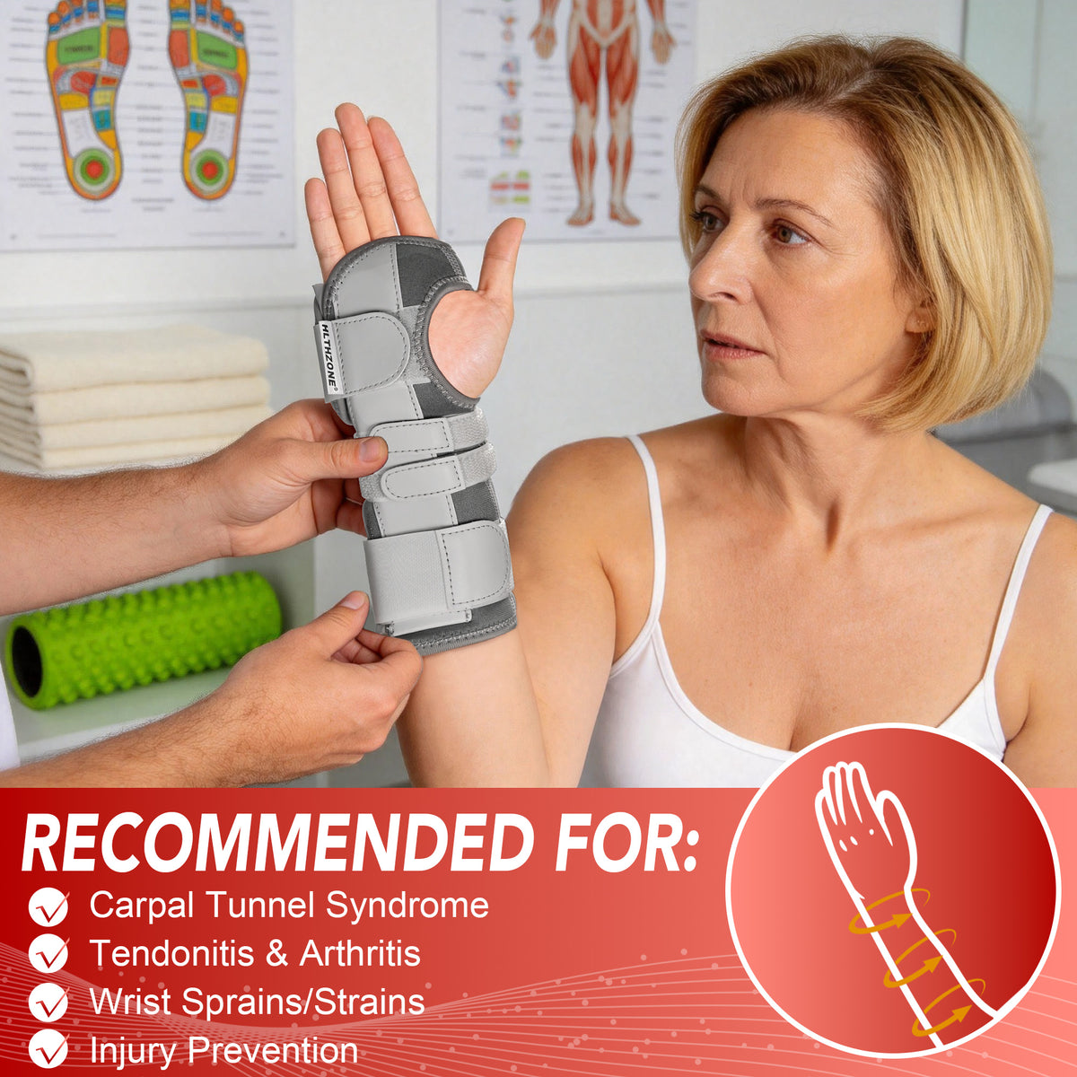 HLTHZONE Wrist Brace Right Hand for Men & Women, Adjustable Wrist Support for Carpal Tunnel & Tendonitis, All Day Wear - Gray