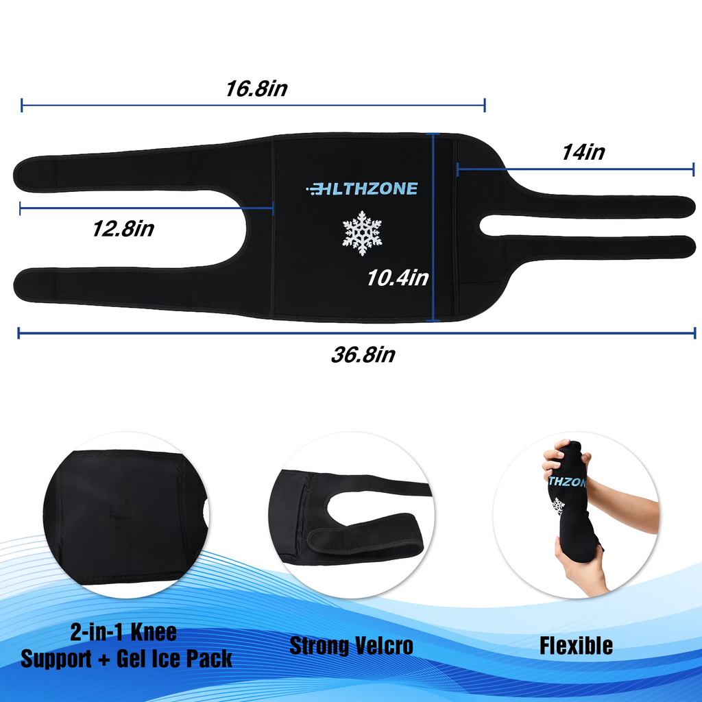 HLTHZONE Knee Ice Pack with Gel Pack, Reusable Cold & Hot Therapy for Joint Relief and Recovery, Full Coverage, One Size, Black, 1 Count