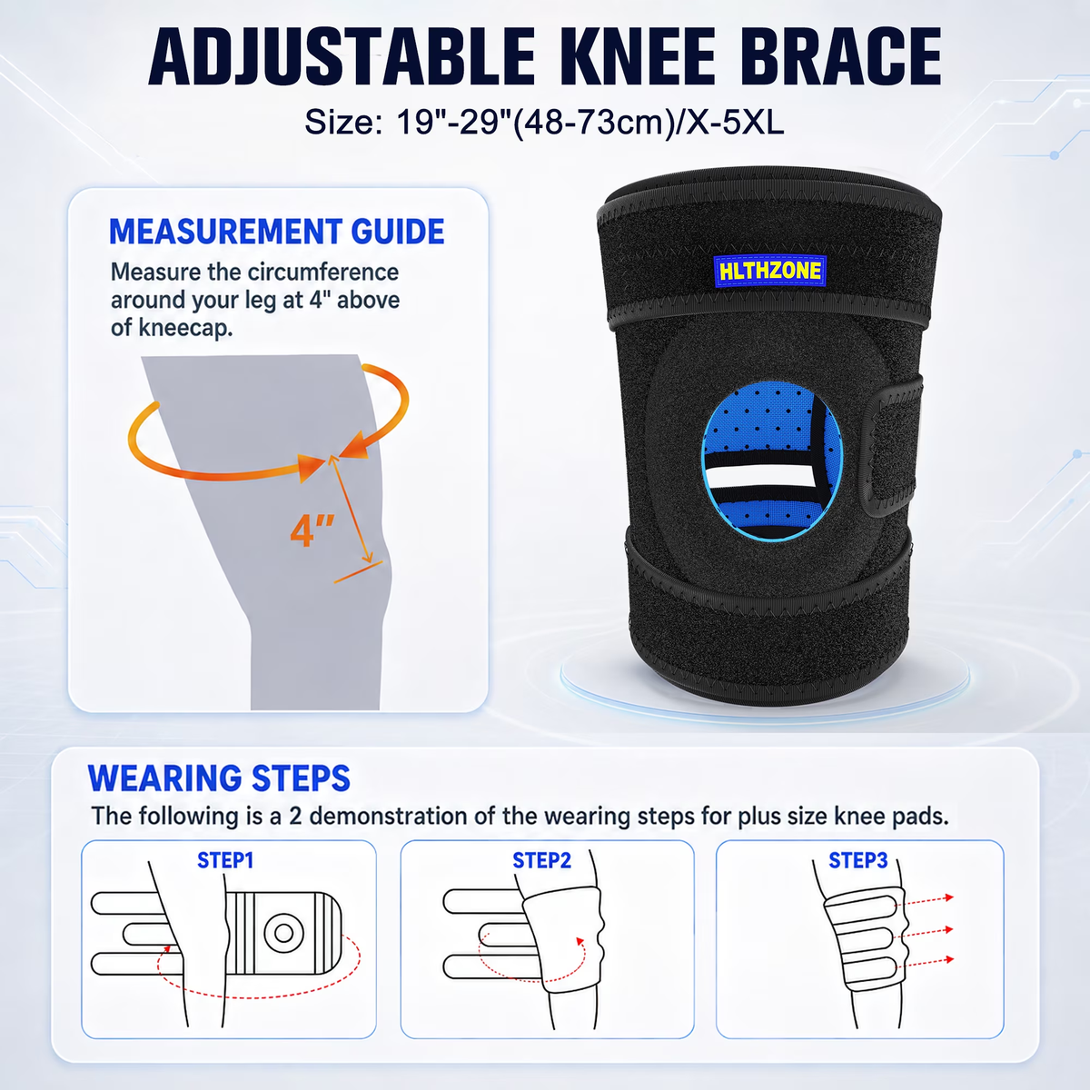 Plus Size Knee Brace for Women and Men, Fits Thighs X-5XL, Adjustable Knee Support with Side Stabilizers & Patella Gel for Overweight, Arthritis Pain Relief Brace