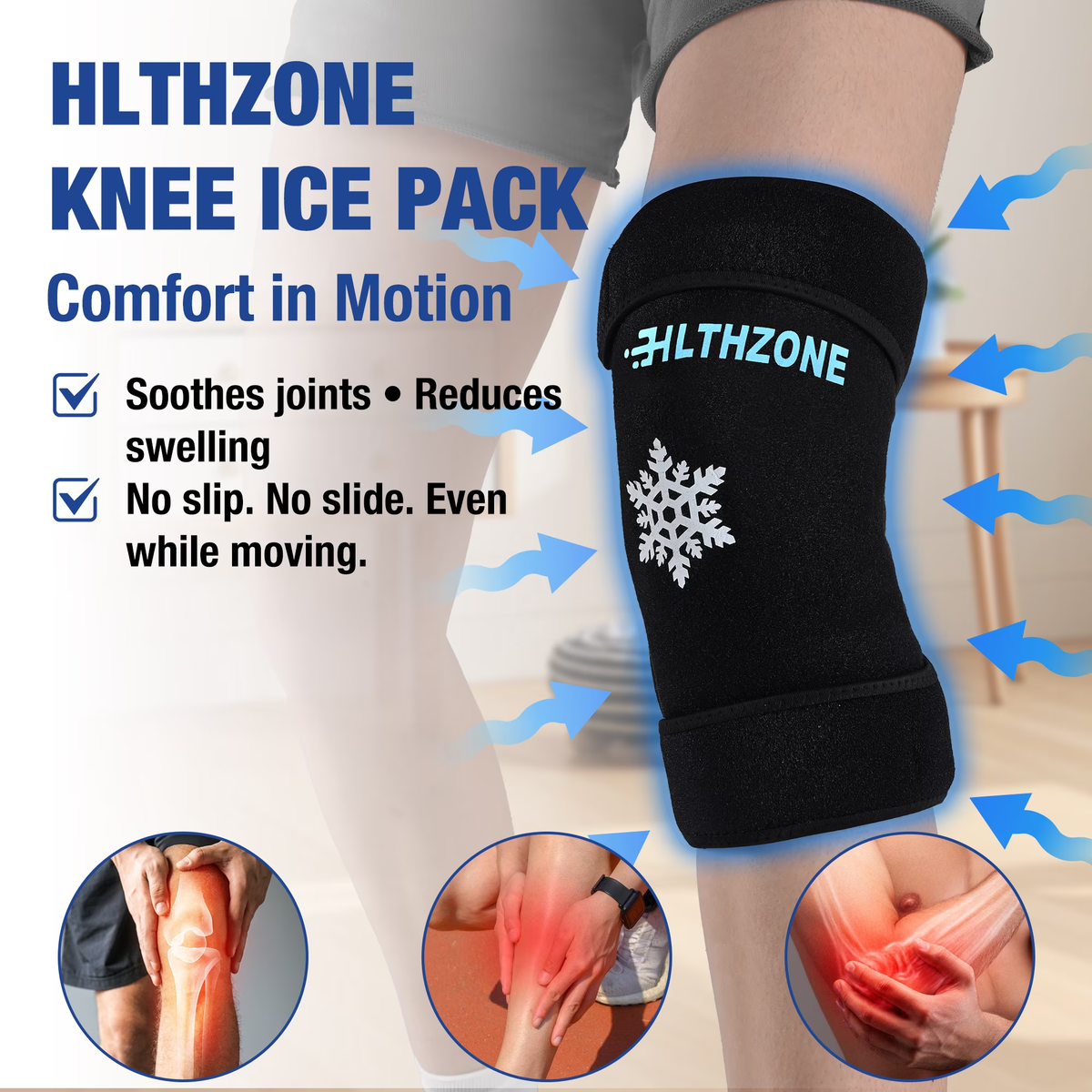 HLTHZONE Knee Ice Pack with Gel Pack, Reusable Cold & Hot Therapy for Joint Relief and Recovery, Full Coverage, One Size, Black, 1 Count