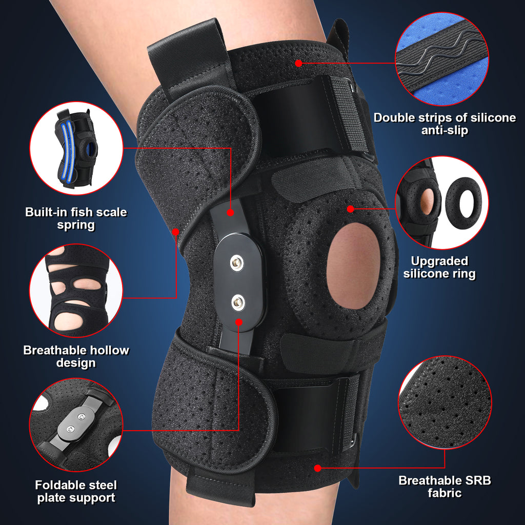 Hinged Knee Brace with Side Stabilizers Adjustable Knee Compression Sleeve Relieves Meniscus Tear,ACL,MCL,Knee Support and Knee Pain Relief,Men & Women - Black One Size Fits Most