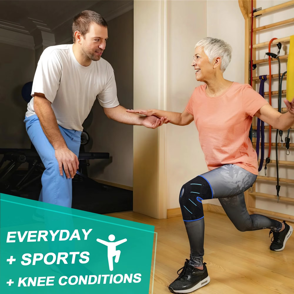 HLTHZONE Adjustable Knee Brace with Side Stabilizers, Compression Support for Running, Meniscus Tear, Arthritis, ACL LCL & Knee Pain Relief, Unisex, XL, Black/Blue