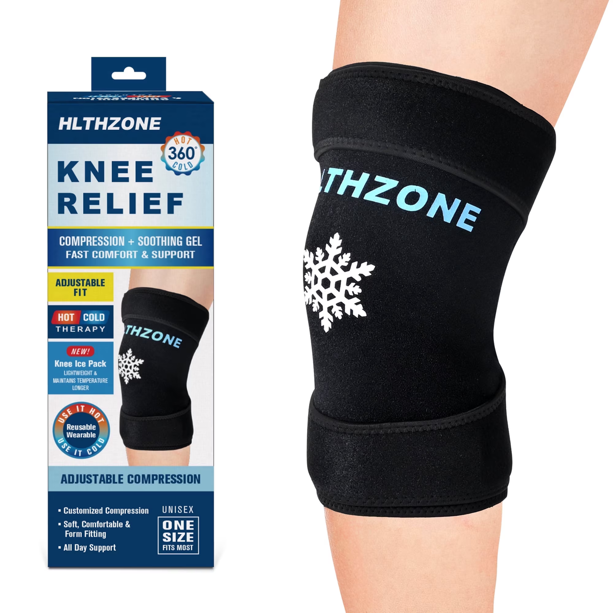 HLTHZONE Knee Ice Pack with Gel Pack, Reusable Cold & Hot Therapy for Joint Relief and Recovery, Full Coverage, One Size, Black, 1 Count