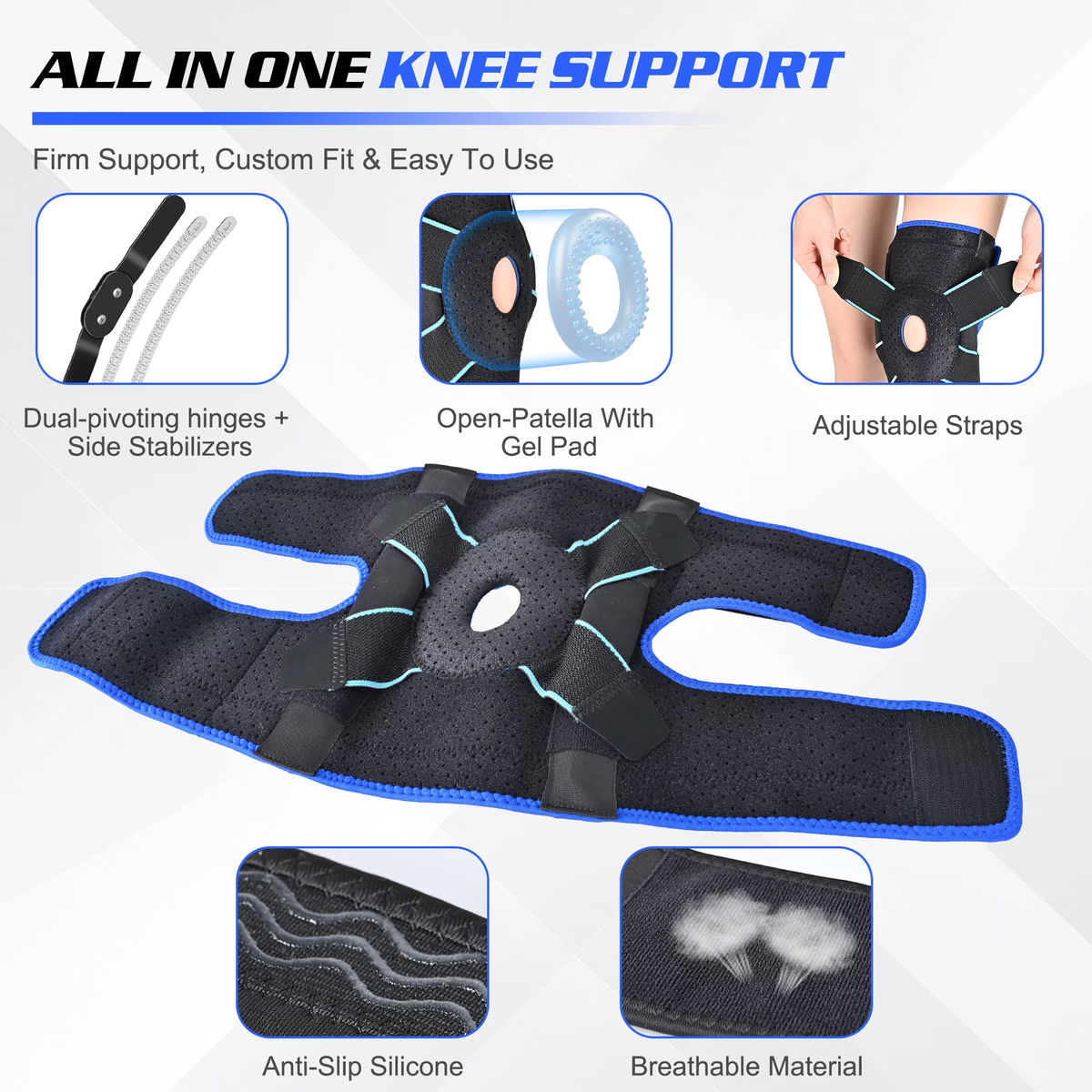 HLTHZONE Hinged Knee Brace with Side Stabilizers for Knee Pain – Adjustable Knee Support for Meniscus Tear, Arthritis & ACL, Fits 12"–23", Black/Blue