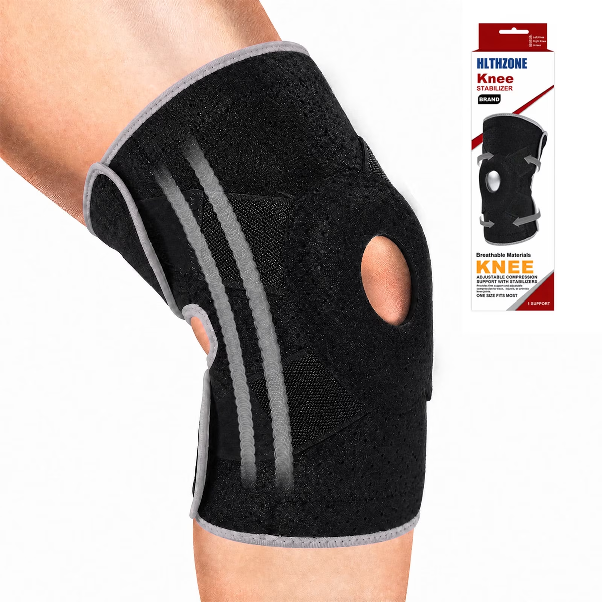 HLTHZONE Neoprene Knee Brace with Adjustable Compression for Knee Pain Relief, Size L, 1 Pack(Black Gray)