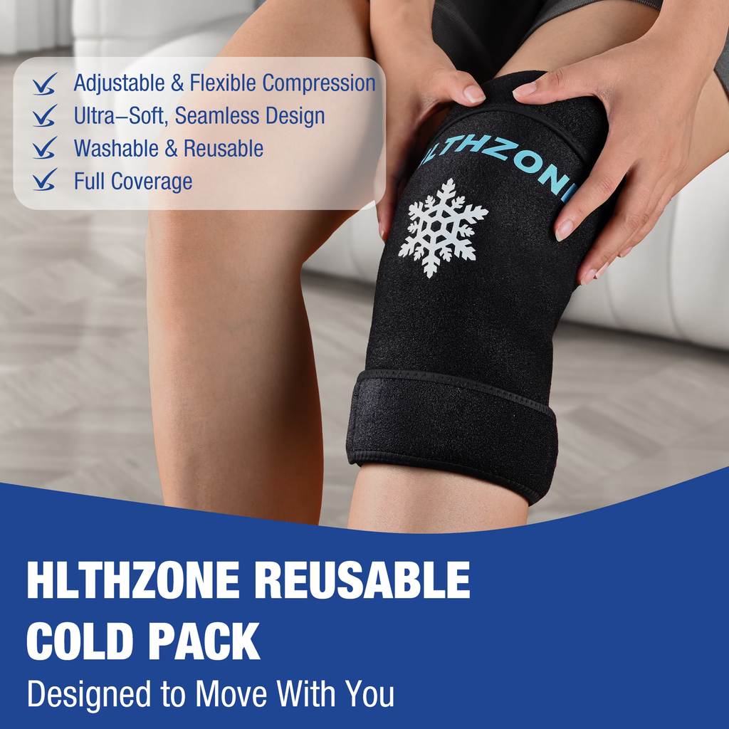 HLTHZONE Knee Ice Pack with Gel Pack, Reusable Cold & Hot Therapy for Joint Relief and Recovery, Full Coverage, One Size, Black, 1 Count