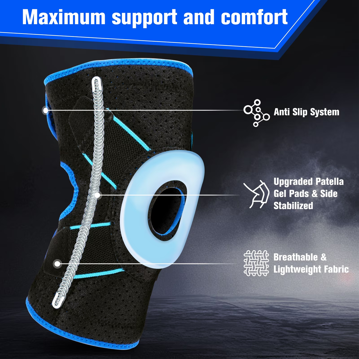 HLTHZONE Adjustable Knee Brace with Side Stabilizers, Compression Support for Running, Meniscus Tear, Arthritis, ACL LCL & Knee Pain Relief, Unisex, XL, Black/Blue